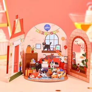 Birthday Day Greetings Card Funny Cat Double Door Pop Up 3D Card Creativ